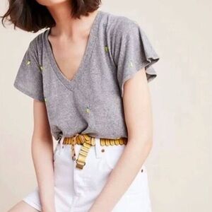 Anthropologie Gray V-Neck Top with Lemons